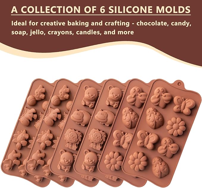 6 Pcs Silicone Chocolate Mold Set - Food-Grade Non-Stick Candy Molds Cookery Moulds for Chocolate, Candy, Jello, Soap & Crayon - Animal Shapes