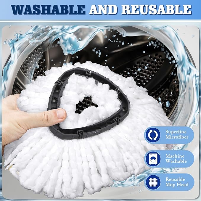 4 Pack Spin Mop Replacements Head Compatible with Oceda EasyWring 1-Tank System,Microfiber Spin Mop Refills Head,1 Mop Scrub Brush + 1 Mop Base + 4 Pack Cleaning Floor Mop Head（White)