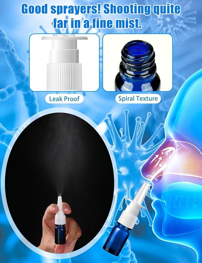 10 Pcs Nasal Spray Bottle, 5ML/0.17OZ 6 Pcs Blue Fine Mist Glass Empty Refillable Nasal Spray Bottle with 2 Pcs Funnels and 2 Pcs Labels