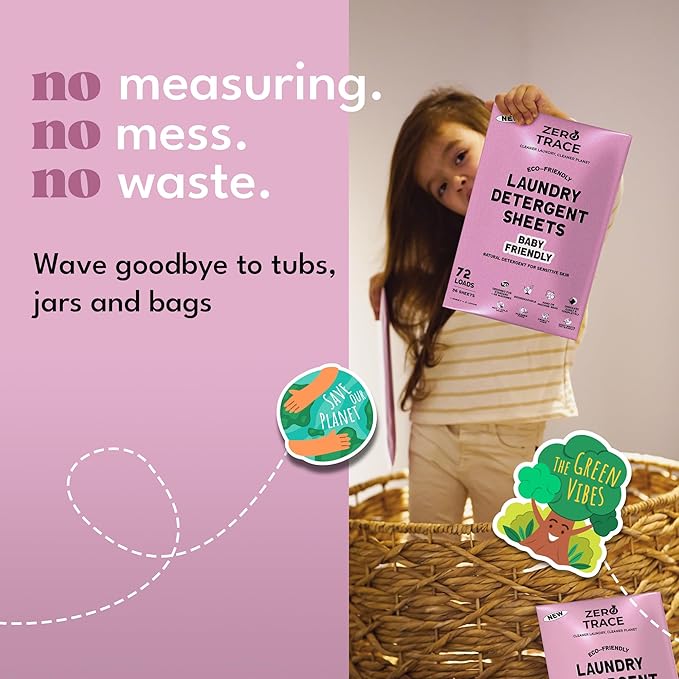 ZERO TRACE Baby Friendly Laundry Detergent Sheets, 72 Loads - Eco Friendly, All Natural, Hypoallergenic, Biodegradable - Sheet Laundry Soap for Sensitive Skin
