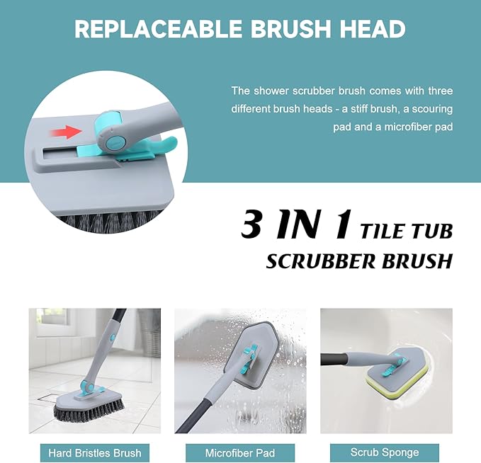 nacena Shower Scrubber with Long Handle, 3 in 1 Tile Tub Scrubber Brush with 3 Detachable Cleaning Heads Adjustable Handle Shower Cleaner Brush for Bathroom, Kitchen, Toilet, Wall, Sink, Black Grey