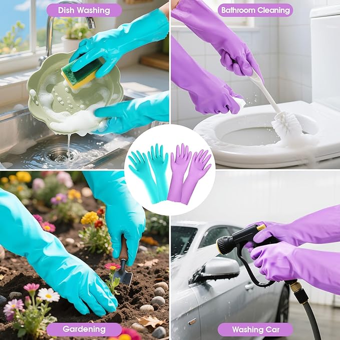 Elgood Reusable Dishwashing Cleaning Gloves with Latex free, Cotton lining,Kitchen Gloves 2 Pairs,Purple+blue large