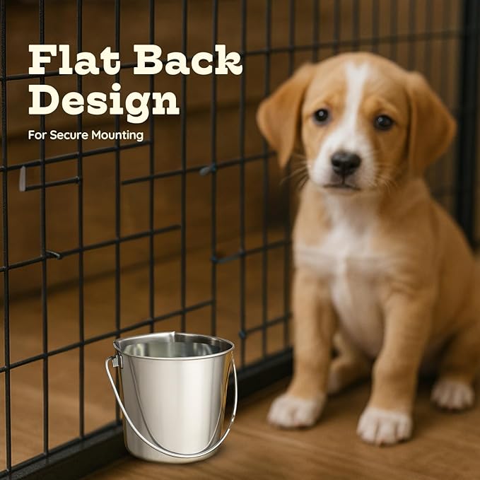 2 Quart Stainless Steel Flat Side Bucket | Durable Heavy Duty Food & Water Feeding Pails for Small Pet Birds Dog Cat | Fits kennels Cages Critter Crates Hanging Pail | Multipurpose Bucket