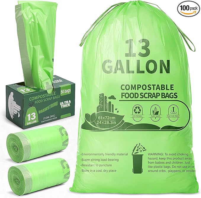 Amyhill 100 Count 13 Gallon Compostable Trash Bags Drawstring Heavy Duty Extra Thick 1.58 Mil 49.2 Liter Garbage Bags 13 Gallon Tall Kitchen Food Scrap Waste for Home Bathroom Garbage, Green