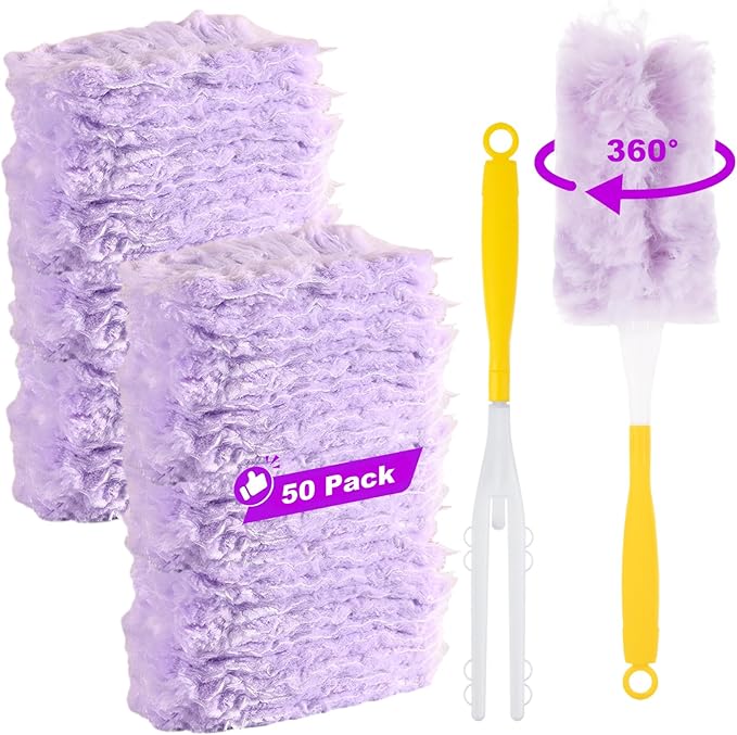 50 Count 360 Heavy Duty Duster Refills Bulk Compatible with Swiffer, Dusting Refills with 1 Handle, Multi Surface Disposable Dusters Refill for Cleaning (Purple)