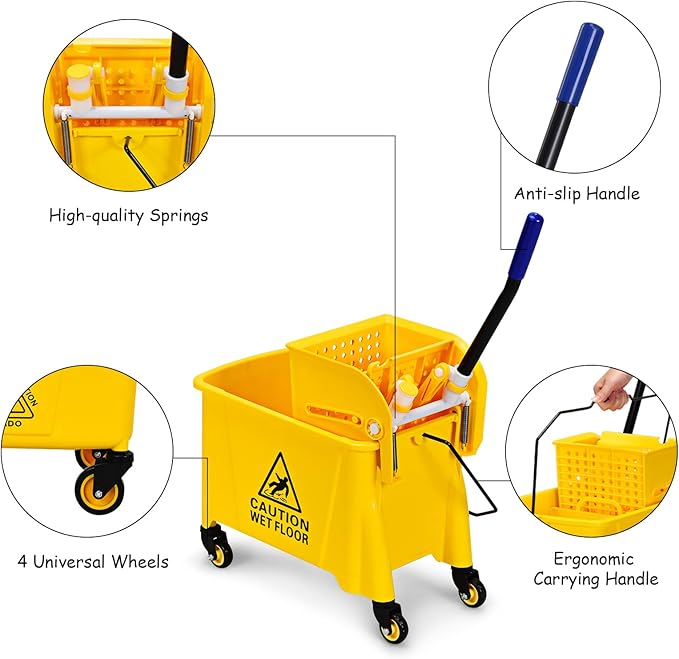 ARLIME Mop Bucket with Wringer On Wheels, 21 Quart Capacity Portable Wringer Trolley on Wheels, Side Press Floor Cleaning Wavebrake w/Handle, Mop Bucket for Home, Commercial, Restaurants