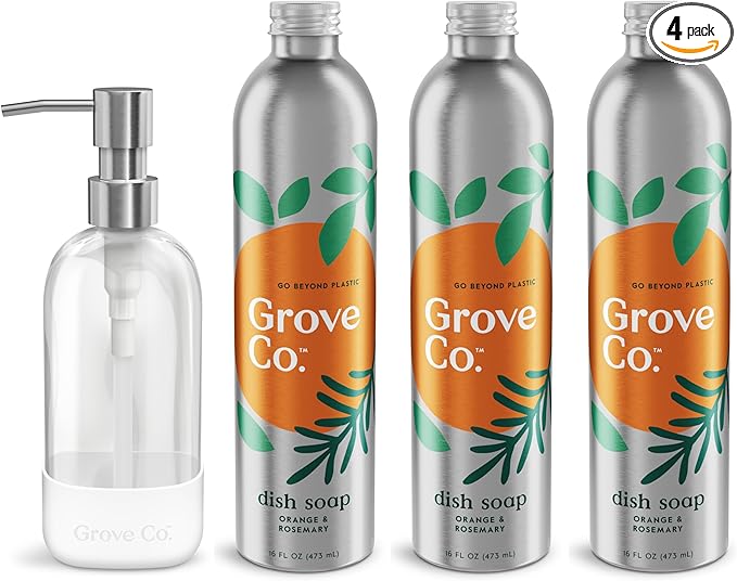 Grove Co. Ultimate Dish Soap Refills (3 x 16 Fl Oz) + Refillable Glass Dish Soap Dispenser for Kitchen Sink with Non-Slip Silicone Sleeve, Plastic Free Cleaning Products, Orange & Rosemary