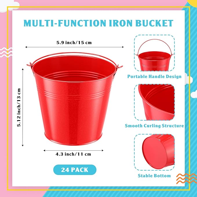 Rtteri 24 Pcs Small Metal Buckets with Handle Mini Buckets Bulk for Easter Party Favors Classroom Pencil Holder Flower Pot Plant Basket for Crafts DIY Projects, 6 x 5 Inch(Red)