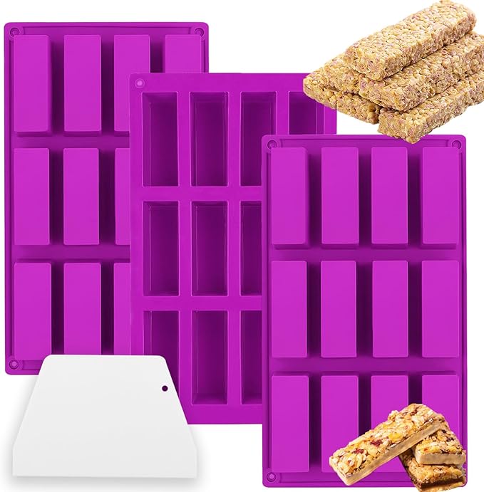 3 Pack 12-Cavity Silicone Granola Bar Molds, Rectangle Protein Bar Mold Silicone Baking Molds for Baking Chocolate Bar, Cereal Bar, Cheesecake, Brownies, Energy Bars, Candy Bar