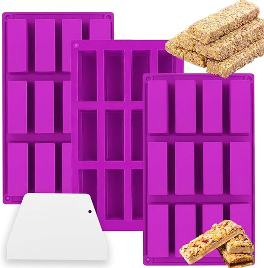 3 Pack 12-Cavity Silicone Granola Bar Molds, Rectangle Protein Bar Mold Silicone Baking Molds for Baking Chocolate Bar, Cereal Bar, Cheesecake, Brownies, Energy Bars, Candy Bar