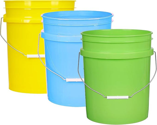House Naturals 5 Gallon Food Grade Multi Color Buckets (Yellow Aqua Lime Green)- Pack of 3- Made in USA (No lids)