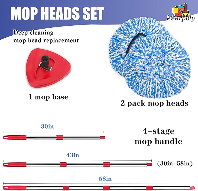 2 Pack Spin Mop Replace Head Compatible for Oceda EasyWring 1 Tank Triangle System, Microfiber Replacement Head Refills for 5.9inch Core, Included Base and 30-58in Handle