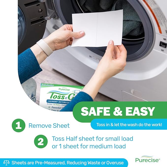 Purecise -Toss & Go - Fresh Meadow Laundry Detergent Sheets - Powerful Clean, No Mess, Fast-Dissolving, No Residue - 30 Loads - 5ct Pack of 3