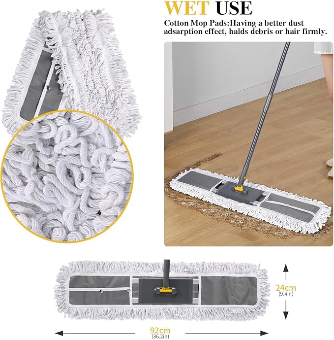 Masthome 36" Commercial Mop, Heavy Duty Industrial Floor Mop with 3 Microfiber Pads, 60" Adjustable Large Dust Mop,Wet Dry Flat Mops for Office Garage Warehouse Factory Mall