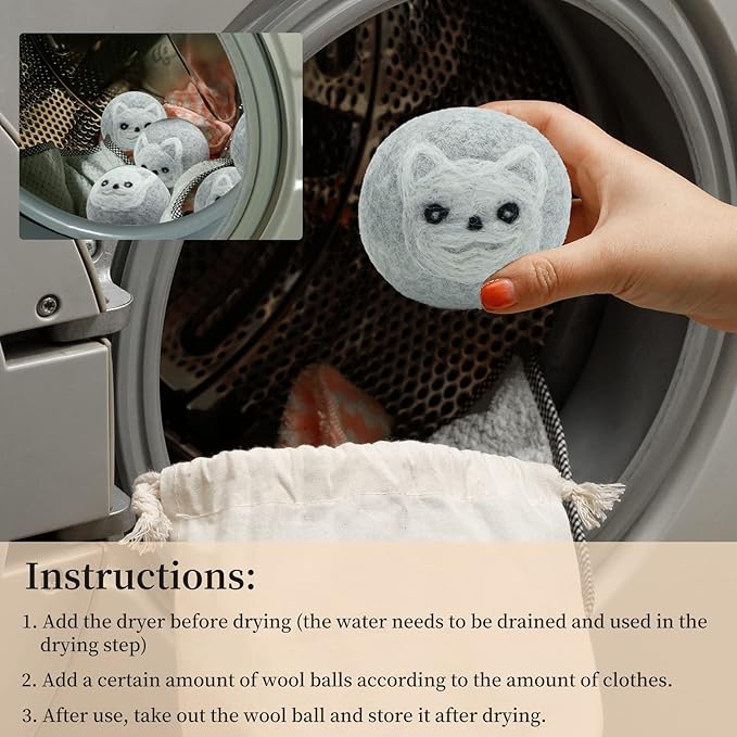 Dryer Balls Laundry Reusable, XL Wool Dryer Balls Cute, Fabric Softener Ball, Extra Large Dryer Balls with Animal Pattern, Shorten Drying Time, Organic Wool - Dry 1000+ Loads (Gray 6 Pack Dog Shapes)