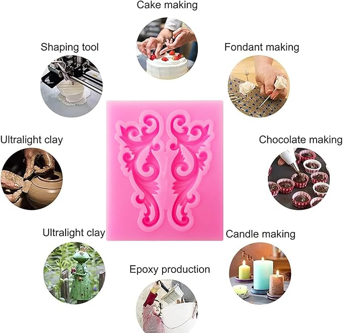 Baroque Style Silicone Molds, Curlicues Scroll Lace Fondant Molds, Vintage Relief Flower Mould Filigree 3D Clay Mold for Gummy Sugar Cookie Pastry Chocolate Mold for Clay Cupcake Topper Decor(6Pcs)