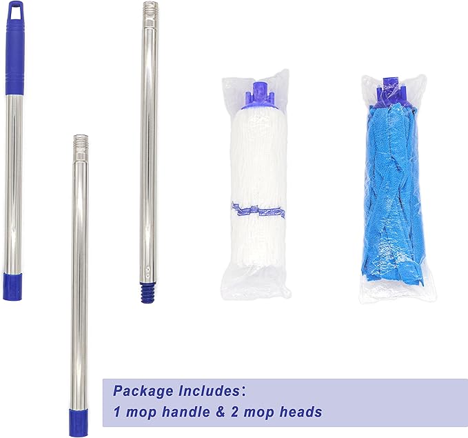 One Mop Handle With Two Microfiber Heads (1 Handle & 2 Heads) Blue
