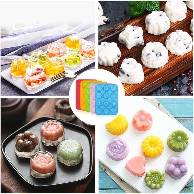 5 Pcs Silicone 3D Flower Shape Chocolate Candy Molds Set, 12 Cavity Non-Stick Food Grade Baking Molds, Ice Cube Trays for Wedding, Festival, Parties