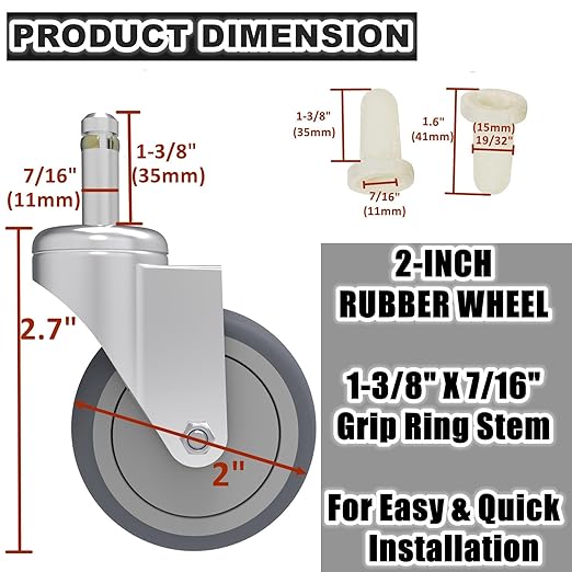 2-Inch Swivel Stem Caster, 7/16-Inch Stem Diameter Rubber Wheel, Thermoplastic Rubber TPR Replacement Wheels for Weber Grill Shop Vac - 4 Pack