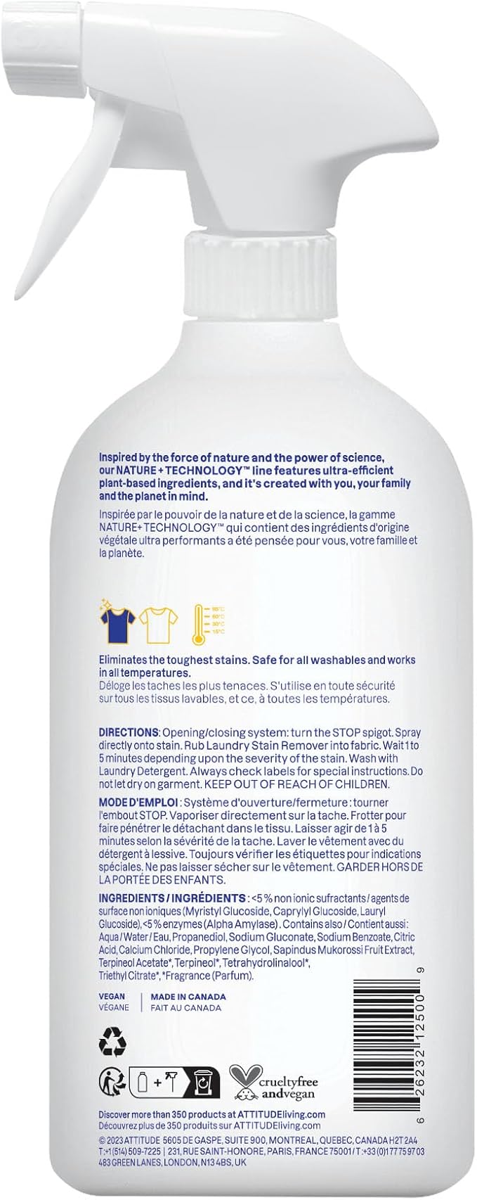 ATTITUDE Stain Remover Spray for Laundry, Removes Odors & Stains, Plant-Based & Vegan, Citrus Zest Scent, 27.1 Fl Oz