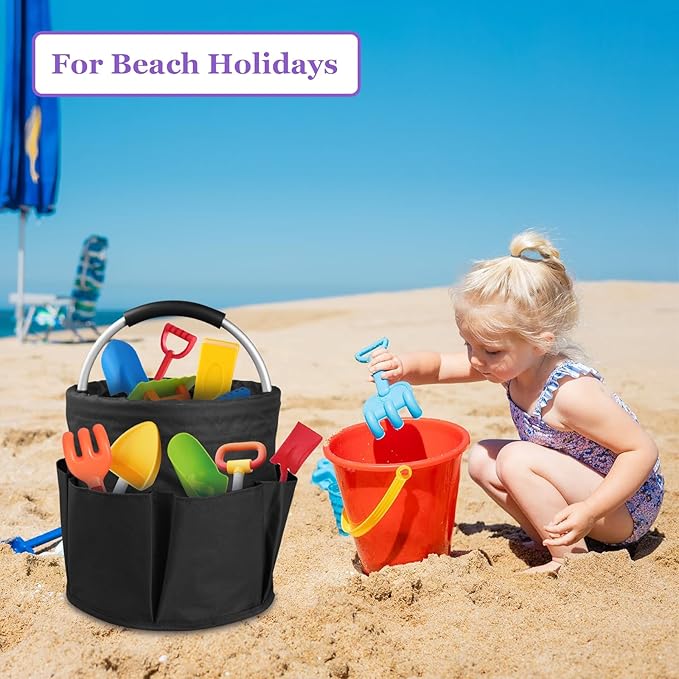 2Pcs Collapsible Cleaning Caddy with Handle, 17L Foldable Cleaning Supply Caddy, Bucket Tool Organizer in 600D Oxford Fabric, Multifunctional Storage Basket for Cleaning, Traveling, Black