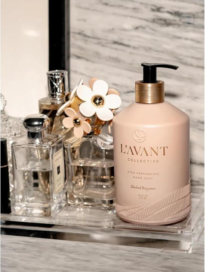 L'AVANT Collective Luxury Home Essentials Bundle High Performing Dish Soap, Hand Soap, Multipurpose Cleaner Spray, Scrub Brush, Lucite Tray Luxurious Ingredients Reusable Bottles (Blushed Bergamot)