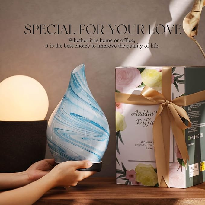 Porseme 280ml Essential Oil Diffuser Glass Color Changing Aroma Air Diffusers Aromatherapy Ultrasonic Cool Mist Humidifier 7 Running Hours Waterless Auto-Off for Sleeping, Yoga, Office, Spa (Blue Ink)