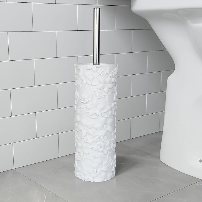 White Floral Design Resin Toilet Bowl Holder and Brush Set, Stylish Bathroom Cleaning Tool with Durable Bristles, Compact and Functional