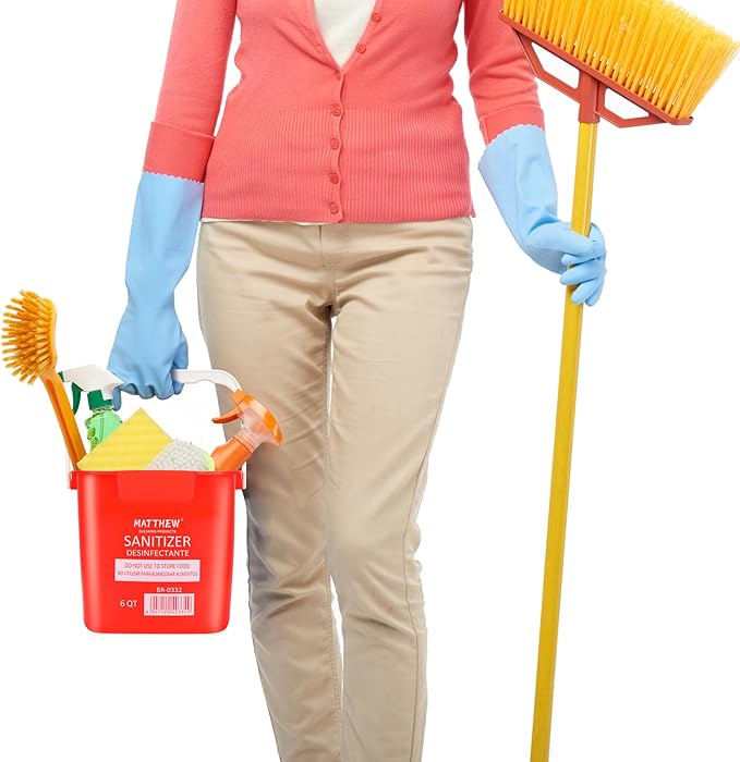 Matthew Detergent and Sanitizing Cleaning Bucket 6 Quart Plastic Pail,Set of 6 Square Containers,Built-in Spout w/Handle,Wash Rinse Sanitize Handwash Bucket for Home Office Commercial (Red&Green)