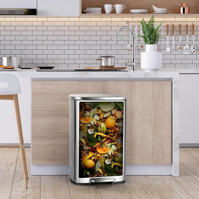 13.2 Gal Kitchen Trash Can, 50L Recycling or Garbage Bin, Brushed Stainless Steel Waste Basket, Soft&Quiet Close Dustbin, with Step-On Pedal, Removable Inner Bucket, for Home, Office, LIving Room