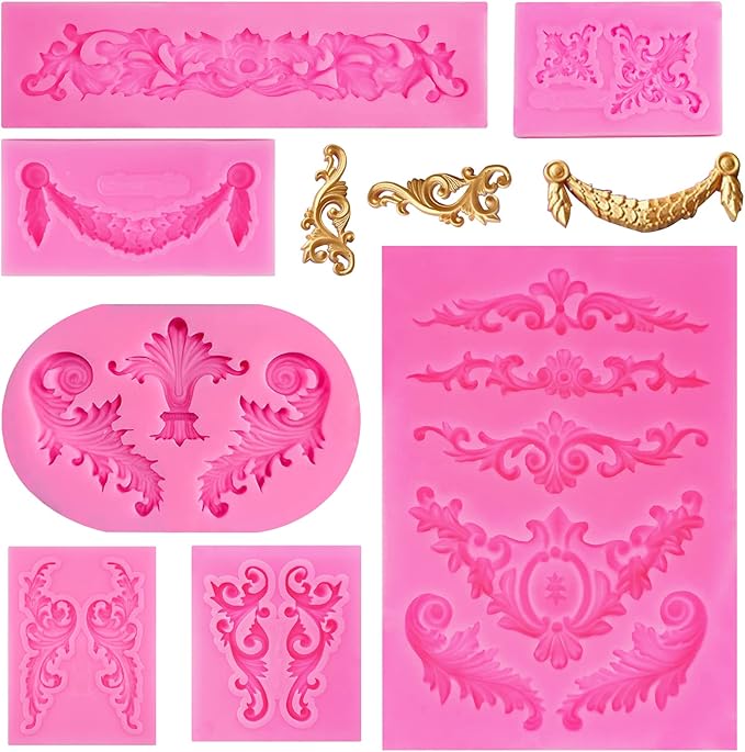 Rainmae 7 Pcs Baroque Fondant Silicone Molds, Relief Flower Lace Chocolate Mould, Scroll Lace Clay Mold, Filigree Mold 3D Sculpted Decoration, Cupcake Topper, Jewelry, Polymer Clay, Crafting Projects