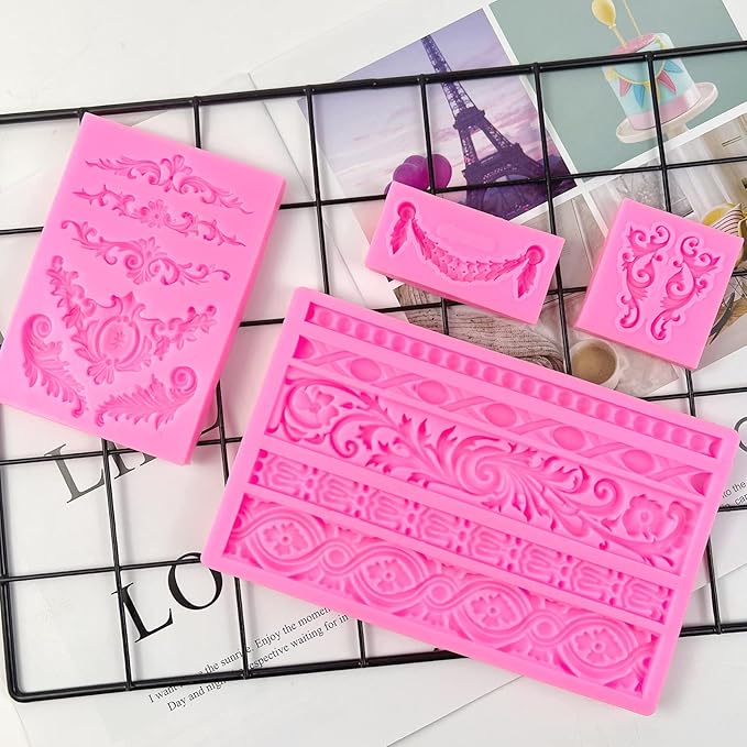 Rainmae 4 Pcs Baroque Fondant Silicone Molds, Relief Flower Lace Chocolate Mould, Scroll Lace Clay Mold, Filigree Mold 3D Sculpted Decoration, Cupcake Topper, Jewelry, Polymer Clay, Crafting Projects