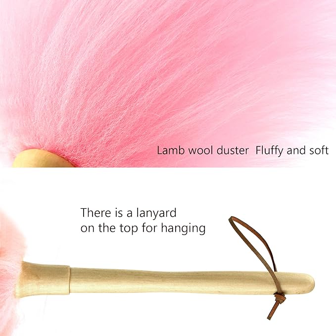 Lambswool Duster 14'' Length Solid Wooden Handle Leather Hang Strap for Cleaning Ceiling Fans Window Blinds Computer Furniture Figurines TV Natural Feather Duster,Pink