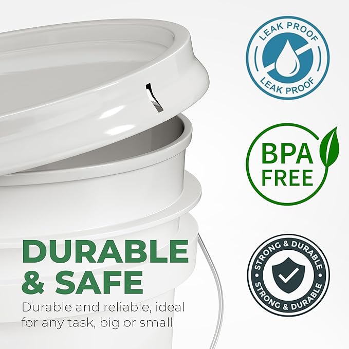 5-Gallon White Bucket Pail Container with Lid Food Grade Heavy-Duty Extra Durable Metal Handles with Plastic Grip for Easy Carrying Multi-Use Easy Stack and Store BPA Free