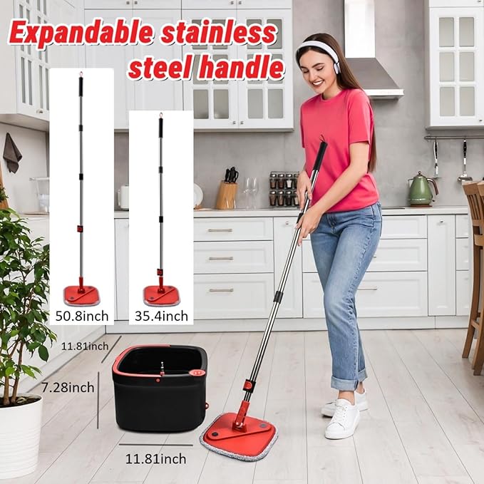 Spin Mop and Bucket Set with Separation Dirty and Clean Water System, Self Wringing 360° Rotating Clean Mop-Head and Bucket Set for Hardwood Tile Marble Floor with 6Pads-Black+Red