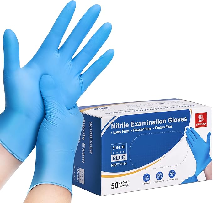 Schneider Nitrile Exam Gloves, Blue, 4 mil, Powder-Free, Latex-Free, for Medical Exam, Cleaning and Food Prep, Non-Sterile