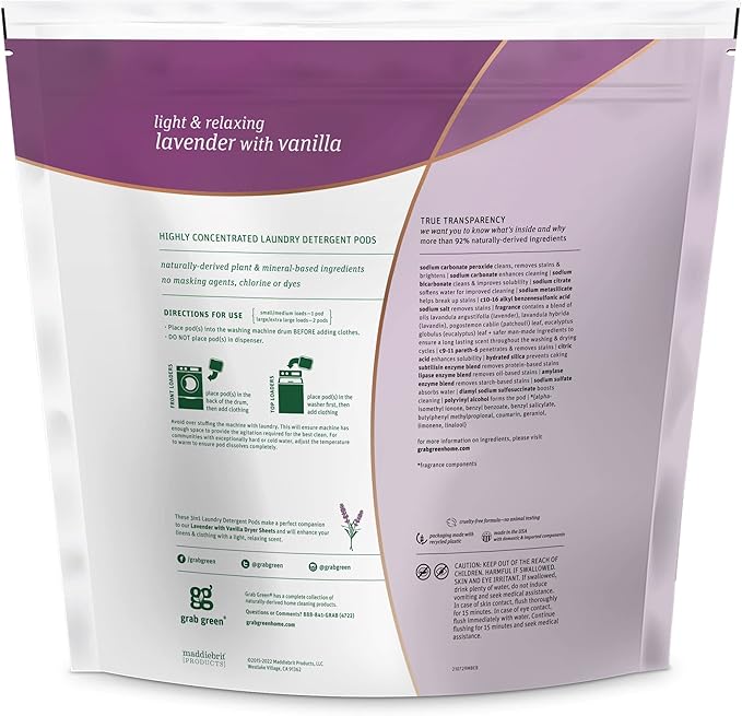 Grab Green 3-in-1 Laundry Detergent Pods, 132 Count, Lavender Vanilla Scent, Plant and Mineral Based, Superior Cleaning Power, Stain Remover, Brightens Clothes