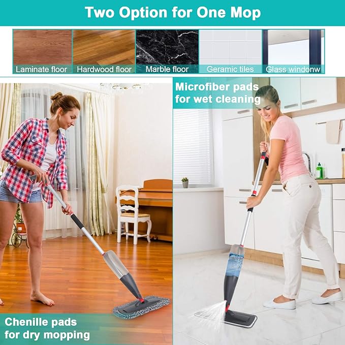 Spray Mop for Floor Cleaning with 3pcs Washable Pads - Wet Dry Microfiber Mop with 800 ml Refillable Bottle for Kitchen Wood Floor Hardwood Laminate Ceramic Tiles Floors Dust Cleaning