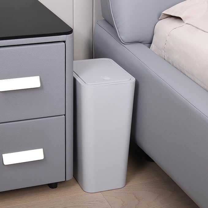 TIPGO Bathroom Trash Can with Lid, 10 Liter/ 2.6 Gallon Slim Garbage Can, Small Trash Bin Waste Basket with Pop-Up Lid for Kitchen, Bedroom, Living Room, Office (2 Pack, Grey)