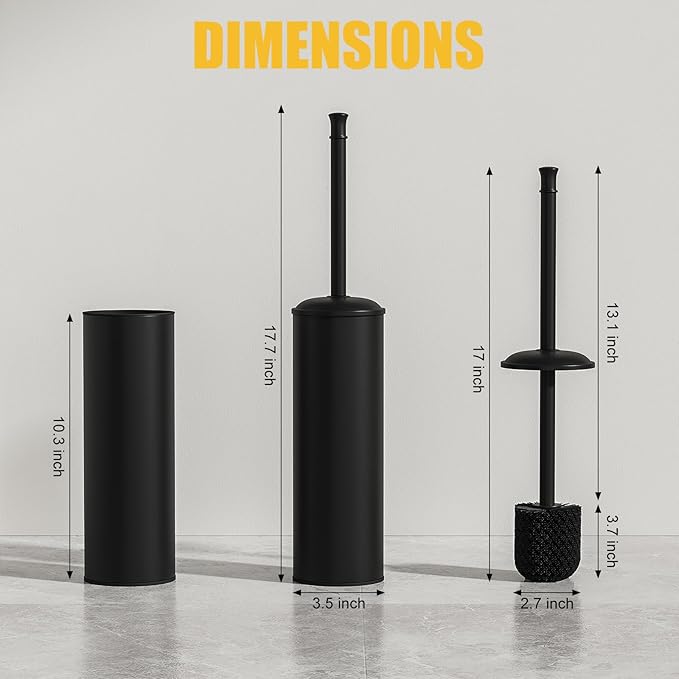 BESy Toilet Brush and Holder, Toilet Cleaner Bowl Set with Two Brush with Extra Long Handle, Durable Bristles Toilet Scrubber and Covered Holder, Drip-Proof Stainless Steel Matte Black
