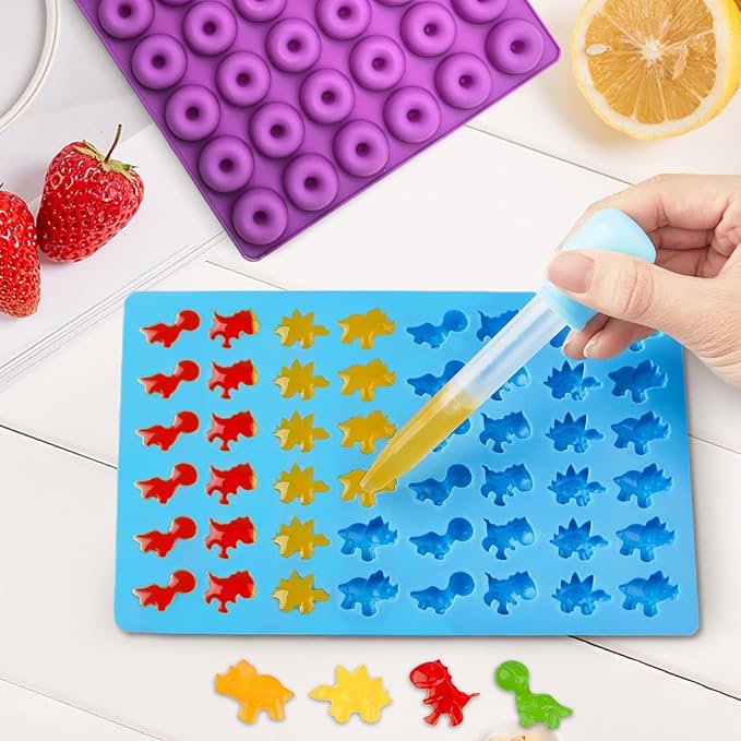 Gummy Candy Molds - Silicone Gummy Dinosaur/Donut/Small Hearts Shapes/Bear Mold for Kids with 2pcs Dropper,Non-stick and Bpa Free for Mini Candy Chocolate Gummies Baking