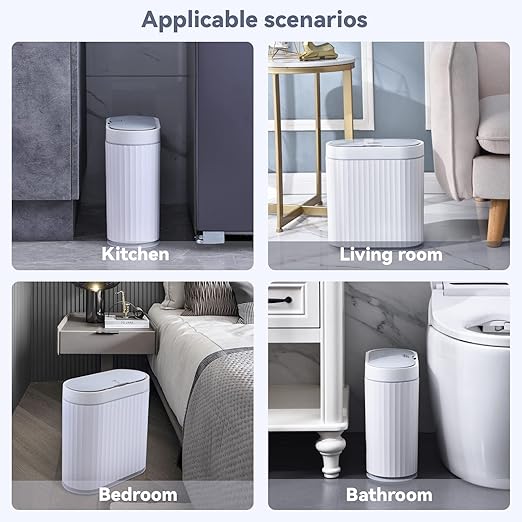 ELPHECO Bathroom Trash Can with lid - 2.5 Gallon Waterproof Sensor Trash Bin, 10 Liter Motion Sensor Trash Can, Slim Garbage Bin Bathroom Decor White with Grey Trim