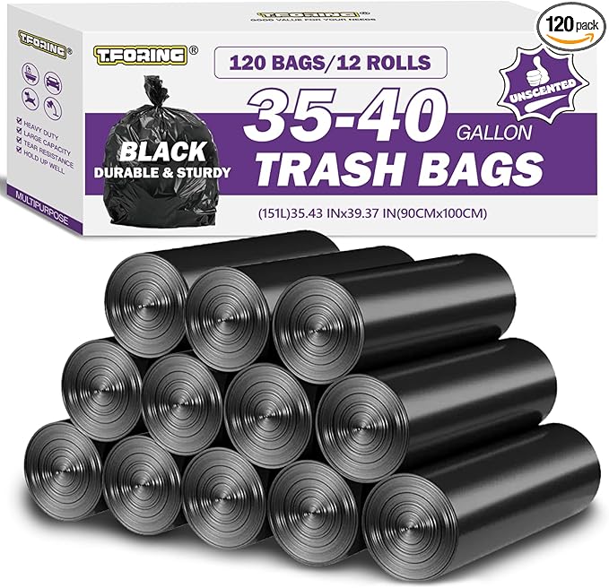 35-40 Gallon Black Trash Bags 120 Count - 35" x 40" Large Garbage Bags, 30+ Gallon Strong Trash Can Liners for Home, Commercial Use,Yard Waste, Bulk