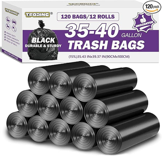 35-40 Gallon Black Trash Bags 120 Count - 35" x 40" Large Garbage Bags, 30+ Gallon Strong Trash Can Liners for Home, Commercial Use,Yard Waste, Bulk