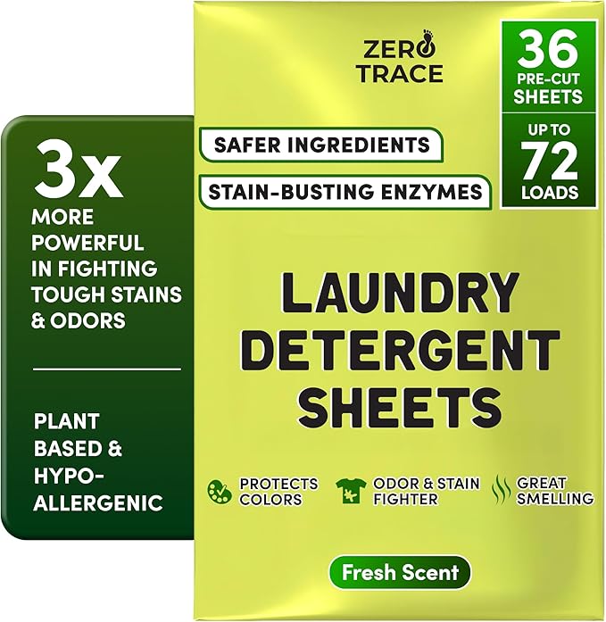Zero Trace All Natural Laundry Detergent Sheets Eco Friendly - Laundry Soap - Travel Laundry Detergent with Fresh Scent (72 Loads 36 Sheets)