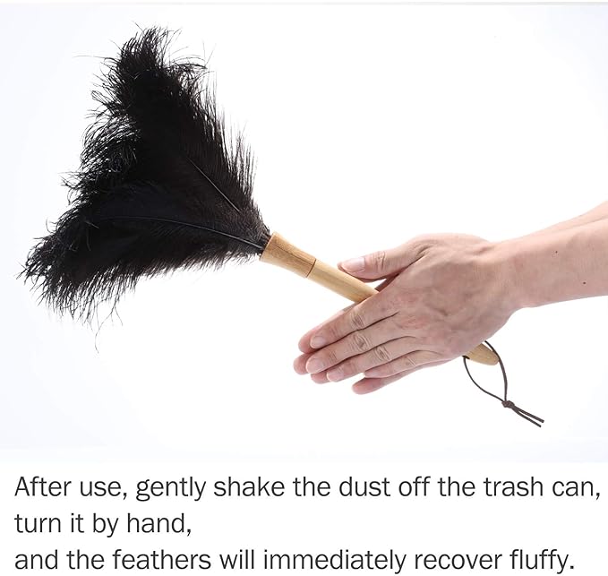 Feather Duster, Ostrich Feather Duster Ddzmz Fluffy Natural Genuine Ostrich Feathers and Reusable Wooden Long Handle Large Ostrich Feather Duster Cleaning for Housewife Black Length 16" 1Pack
