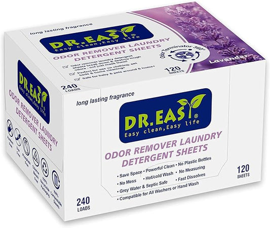 DR.EASY Odor Remover Laundry Detergent Sheets 240 loads Lavender,Easy To Carry Great For Travel,safe for baby & pets,No mess No Dyes biodegradable formula
