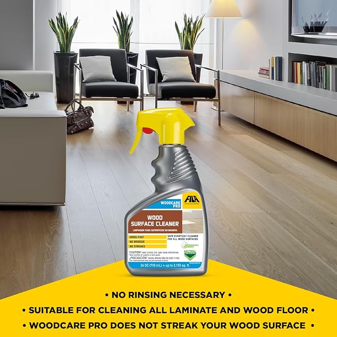 FILA Surface Care Solutions WOODCARE PRO Surfaces, Suitable Floor Spray, Furniture Cleaner, Dries Fast, Does not Damage Wood Kitchen, No Color, 24 Fl Oz
