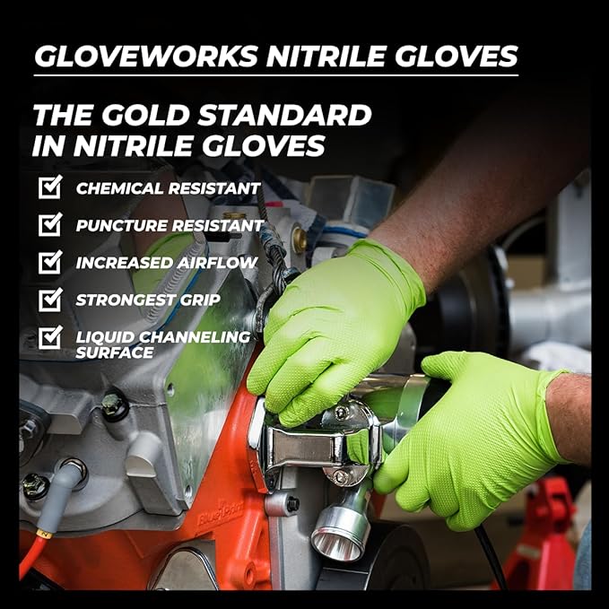 GLOVEWORKS HD Green Nitrile Gloves, 8 mil Nitrile Gloves Medium-XXL Sizes, Nitrile Disposable Gloves with Raised Diamond Grip