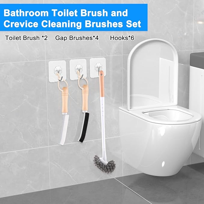 Curved Toilet Bowl Brush and Crevice Cleaning Brushes Set, Bathroom Cleaning Scrub Brush with Long Handle, Toilet Scrubber Brush with Small Gap Brushes Kit for Household Deep Cleaning (6 PCS)